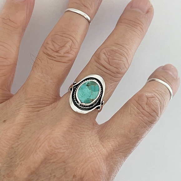 Sterling Silver Bali Style Genuine Turquoise Ring, Boho Ring, Silver Rings - Picture 7 of 12